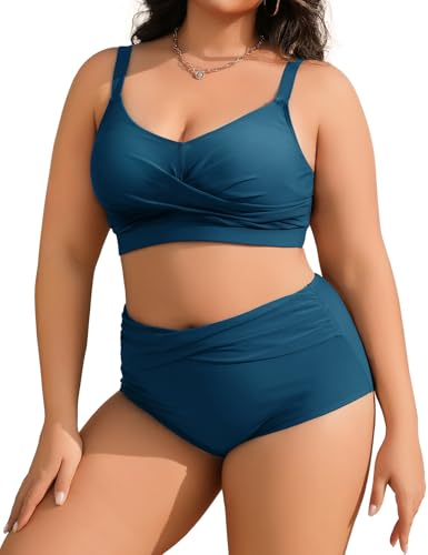 Tuopuda Bikini för kvinnor, stor storlek, tvådelad baddräkt, magkontroll, hög midja, push-up, bikinitopp plus storlek, curvig, tvådelad badmode, M-4XL, Grön-blå, XL