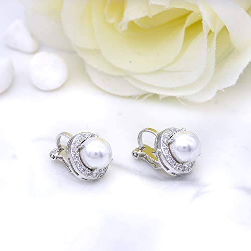Yoqucol 8Mm Simulated Pearl Cubic Zirconia Crystal Clip On Stud Round Non Pierced Earrings For Women Girls #TOP4