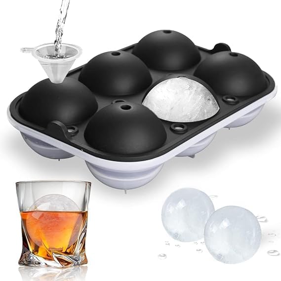 Eagle Enterprise New Silicone Ice Cube Trays Sphere Round Ice Ball Maker with Funnel, Easy Release Round Silicone Ice Tray with Lids for Whiskey Cocktails Milk Juice Soup Cold Drink (1 Pack Black)