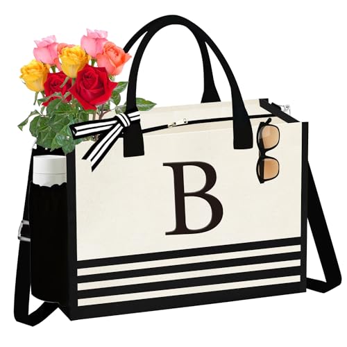 Initial Canvas Tote Bag, Personalized Monogrammed Beach Tote Bags, Birthday Gifts for Women, Mom,Teachers(LetterB)