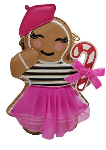Betsey Johnson Kitsch XO Can Can Gingerbread Girl With Fabric Skirt & Red Glitter Detail Candy Cane Christmas Holiday Adjustable Strap Crossbody Bag