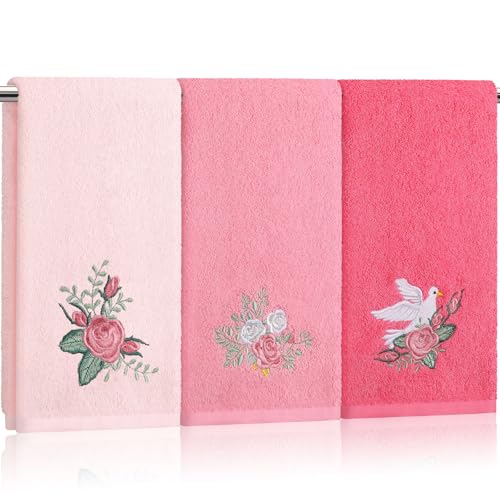 Tingjoo 3 Pcs Pink Rose Floral Hand Towels Spring Pink Flower Bath Towels 14x29 Inch Soft Cute Embroidered Washable Decorative Cotton Absorbent Summer Decor for Bathroom Kitchen