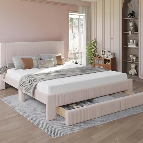 King Size Bed Frame with Storage, Wood Platform Bed Frame King with Fully Velvet Upholstered Headboard, Strong Wooden 12-Slats Support, Under Bed Storage Drawer with Wheels, Mattress Foundat