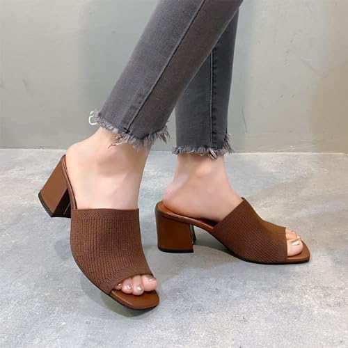 Women's High-heeled Sandals Square Open Toe Knitted Summer Mules Comfortable Breathable Slip On Chunky Block Heel Slide Sandals Dress Sandals For Party2