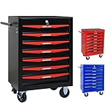 ELIHGTBY Servante d’Atelier à 7 tiroirs sur roulettes, Chariot d’Atelier Mobile Vide, Armoire à Outils à Verrouillage centralisé pour Atelier et Garage,Noir & Rouge