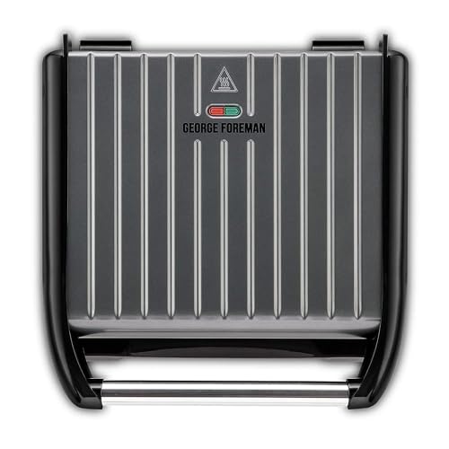 George Foreman Large Electric Steel Grill [Non stick, Healthy, Griddle, Toastie, Hot plate, Panini, BBQ, Energy saving, Vertical storage, Easy clean, Drip tray, Ready to cook light] Grey, 1850W 25051
