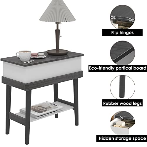 Soges End Table, Grey Wooden End Table Beside Sofa, Side Table With 180° Flip Top Plate And Open Shelf, Sofa Table For Living Room, Bedroom #TOP5