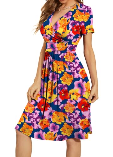 Image of WEACZZY Women's Summer Short Sleeve Casual Dresses V-Neck Floral Party Dress with Pockets