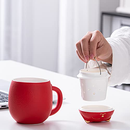 Duanmul Cat Mug Cute Ceramic Coffee Cup With Infuser And Lid,Filter For Steeping Loose Leaf,Kawaii Coaster,Novelty Morning Cup Tea Milk Christmas Mug Chinese Handmade Porcelain Teacup(Red) #TOP3
