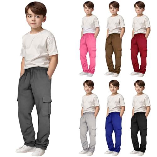 Boys Cargo Pants Drawstring Elastic Waist Baggy School Sweatpants Plain Wide Leg Cargo Athletic Joggers Pockets