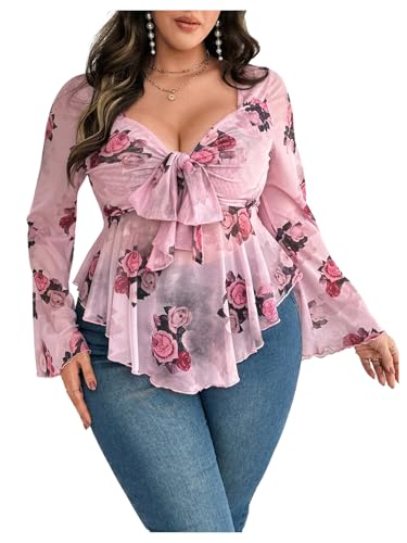 Floerns Women's Plus Size Floral Long Sleeve Tie Front Hanky Hem Mesh Blouse Tops