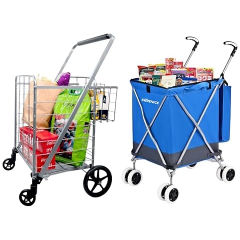 Supenice Jumbo Shopping Cart with Double Basket Grocery Cart Deluxe Folding Shopping Cart 360°Rolling Swivel Bearing Wheels Super Loading Utility Cart for Laundry, Grocery, Luggage Cover