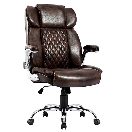 Homyedamic High Back Ergonomic Office Chair, Flip Arms Big & Tall Executive Swivel Pu Bonded Leather Computer Chairs Adjustable Tilt Angle, Wide Thick Seat, Design For Back Pain(Brown) #TOP9