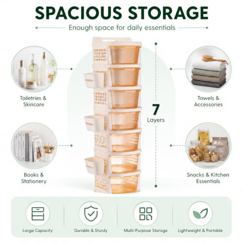 Image of Homeor 7 Tier Plastic Storage Drawer Cabinet with Wheels, Modular Chest of Drawers Organizer with Side Basket & Handle, Storage Trolley Rack for Home, Kitchen, Bedroom, Kids Room (Ivory Transparent)