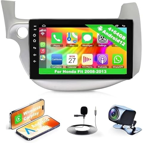 4G+64G Car Radio for Honda Fit 2008-2013 with Wireless Carpaly & Android Auto,10.1 Inch IPS Touch Screen Car Stereo with GPS Navigation/Bluetooth 5.2/FM/Backup Camera/WiFi/SWC/HiFi Cover