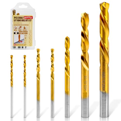 SMJXTOP 7PCS M35 Cobalt Left Hand Drill Bits Set for Removing Broken Stubs Bolts and Screws Reverse Twist Drill Bits 5/64 7/64 5/32 1/4 19/64