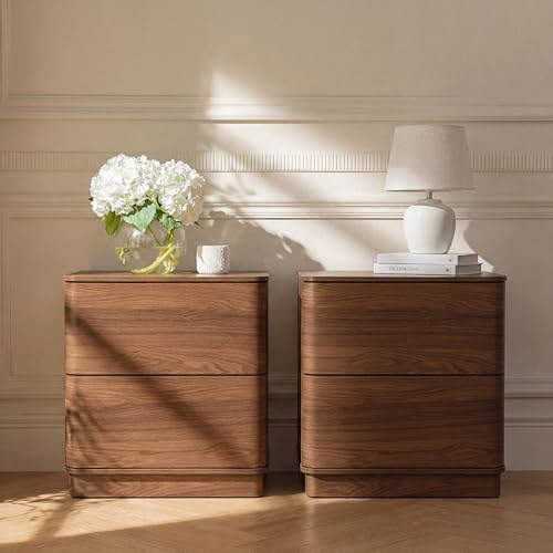 Image of Yechen Nightstands Set of 2 with 2 Push to Open Drawers Storage | Rounded Edges Bedside Table, 22'' Modern Wooden End Table, Sofa Table for Bedroom, Curved Profile, Walnut