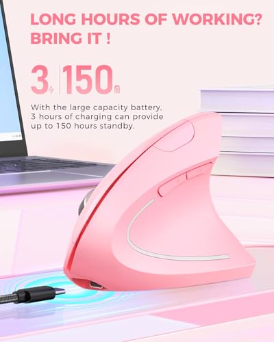 Lekvey Ergonomic Mouse, Vertical Wireless Mouse, Rechargeable 2.4 GHz USB Optical Carpal Tunnel Mice : 800/1200 / 1600 DPI, 6 Buttons, for Laptop, PC, Computer, Desktop, Notebook etc, Pink