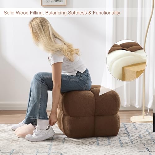 Image of Zesthouse Square Pouf Ottomans Footstool Set of 2, Upholstered Poofy Ottoman for Couch Sofa, Modern Ottoman Coffee Table for Living Room, Rust Brown Boucle Fabric Stool Foot Rest, Cute Vanity Chair