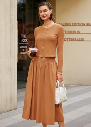 Image of Panadila Womens 2 Piece Lounge Sets Matching Vacation Outfits Ribbed Button Down Cardigan and Elastic Waist Skirt Sets