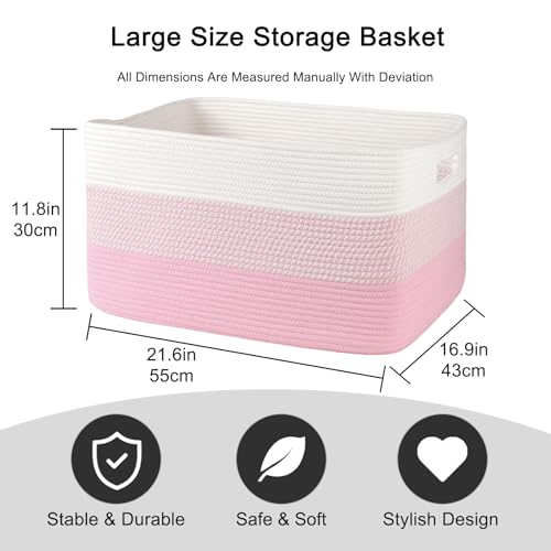 Image of OIAHOMY Large Blanket Basket, 22 inchx17 inchx12 inch Rectangle Woven Baskets, Nursery Blanket Storage Living Room, Toy Storage With Handle, Large Baskets for Organizing - Pink /White