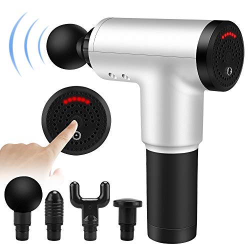 KONKY Pistola de Masaje, Electrónica Massage Gun Masajeador Muscular de Percusión de Tejido Profundo con 6 Niveles Ajustables, 4 Cabezas de Masaje para Tensión Relajación Recuperación Fatiga