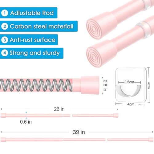 Image of MEXAU 1Pack Spring Tension Curtain Rod 26-39 inch Pink Small Tension Rod | Adjustable Curtain Rods No Dilling Extendable Spring Tension Rod Short Curtain Rod for Windows, Kitchen, Bookshelf, Closet