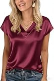 Xiaoliny Blusa de Satén Mujer Elegantes Camiseta de Manga Corta con Cuello en V Verano Casual Camisa Básica T-Shirts Liso Holgada Top Colores Sólidos Fluida Blusas para Salir Oficina Fiesta Diario