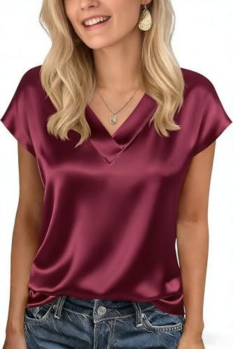 Xiaoliny Chemisier Satin Femme Été Haut Chic et Elegant Casual T-Shirt à Manches Courtes Col V Basiques Tops Couleur Unie Lâche Blouse Soie Chic Chemisiers...