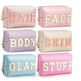 HBselect Preppy Makeup Bag 6 Pcs Travel Toiletry Bag Chenille Letter Patch Makeup Bag Portable Cosmetic Bag for Women PU Leather Waterproof Organizer Make up Bag for Women Girls