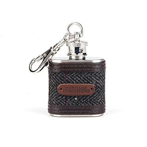 Heritage Traditions 1oz Grey Herringbone Tweed Hip Flask Keyring Cover