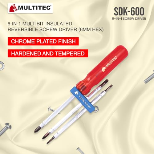 Image of MULTITEC 6-in-1 Multibit Reversible Screwdriver Set | Electrician Tool Kit with PH0, PH1 & PH2 Alloy Steel Bits | Quick Change Handle | Heavy Duty Electrical Repair & Maintenance Tool | Made in India