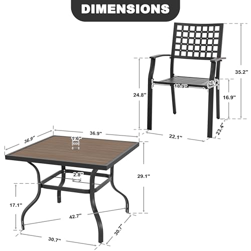 NUU GARDEN 5-Piece Outdoor Patio Dining Set, 4 Stackable Chairs & 37\" Square Table with Umbrella Hole and Faux Wood Tabletop, Furniture for Backyard Pool Porch Deck, Black