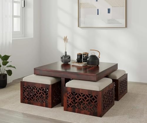 Image of Classic Royale Sheesham Wood Creation Center Table with 4 stools for Home & Office, PureCraft Elite Wooden Coffee Table | Tea Table | Sofa Set Table Mahogany Finish