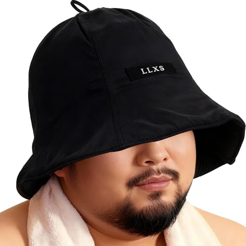 [LLXS] サウナー愛用 深め 大きいサイズ サウナハット [リバーシブル表裏異素材の二重構造] メンズ レディース 収納ボタン付き メッシュ 断熱 通気 速乾 撥水 ごりらっくす サ活 温泉 (ブラック)