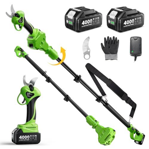 TaskStar 2-in-1 Electric Pruning Shears: 20V Cordless Pole Pruner 1.2 Cutting Diameter - 2 Pcs 4000mAh Battery 9Ft Telescopic Pole Extra SK5 Blade 3 Modes Brushless Power Tree Pruner for Gardening