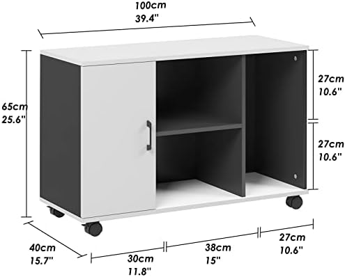 DlandHome Office Filing Cabinet Movable with Wheels 4 Compartments, Mobile Commercial Storage Unit White/Black