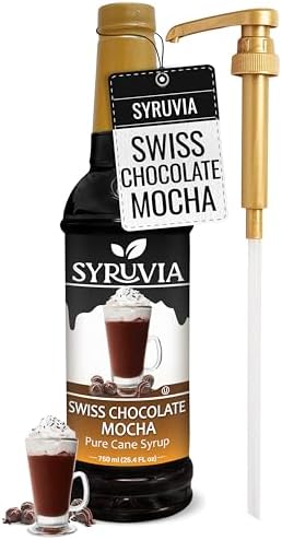 Syruvia Coffee Syrup, Swiss Chocolate Mocha Flavored Syrup for Drinks, Lattes, and Desserts – 25.4 fl oz - with Pump