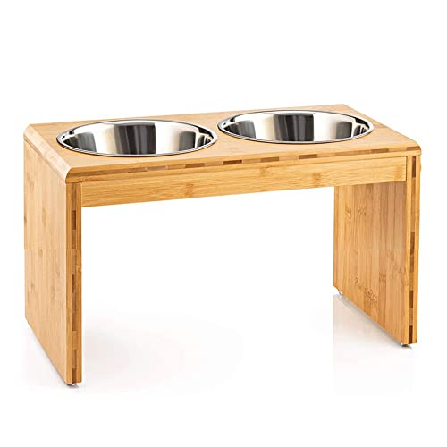 Comedero Elevado de Bambú, Comedero para Mascotas, Comedero Perro Elevado con 2 Cuencos de Acero Inoxidable y Pies de Goma Antideslizantes, Comederos para Perros Medianos y Grande (2 Cuencos) Cover