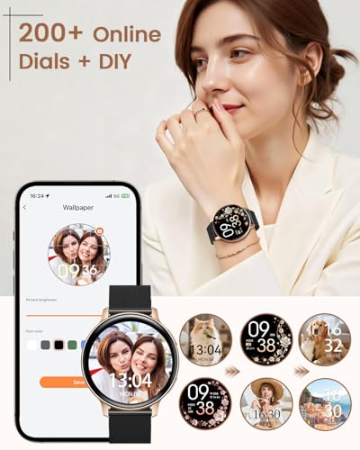 Oliimptek Smartwatch Damen Rund, iOS Android Schwarz Gold – Ansicht 6