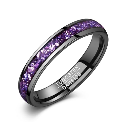 NUNCAD Womens Tungsten Rings 4mm Black Wedding Band Inlaid with Amethyst Center Polished Domed Comfort Fit Size 5-9