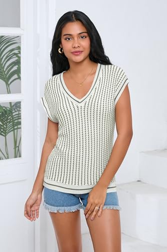Image of SAUKOLE Women's Sweater Vest Casual V Neck Cap Sleeve Knit Pullover Tops | 2026 Spring Clothes, Soft Knit Shirts, Short Sleeves T-shirts, Tunic Blouses, Sweater Tank Tops