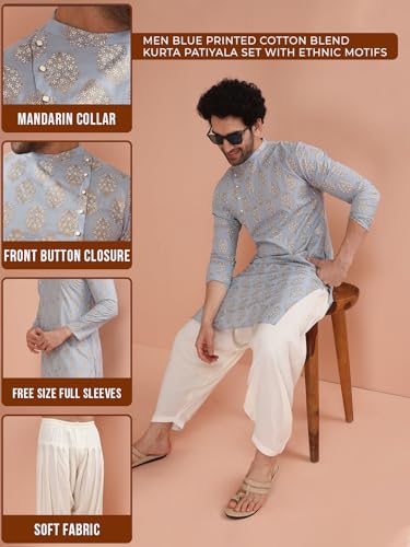 Mens Kurta – Printed Cotton Blend Tunic with Mandarin Collar, Regular Fit – Indian Wedding Outfit for Men – Festive Wear for Diwali, Eid & Celebrations Blue2