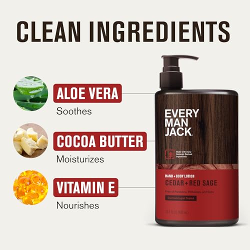 Image of Every Man Jack Hand & Body Lotion for Men, Cedar Red Sage, 2pk | Nourishes & Moisturizes Dry Skin, Fast-Absorbing Lightweight, Plant Based Cocoa Butter, Dermatologist Tested, All Skin Types