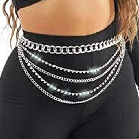 Dresbe Boho Layered Body Chain Silver Rhinestones Belly Waist Chain Party Body Jewelry Accessories for Women and Girls Cover