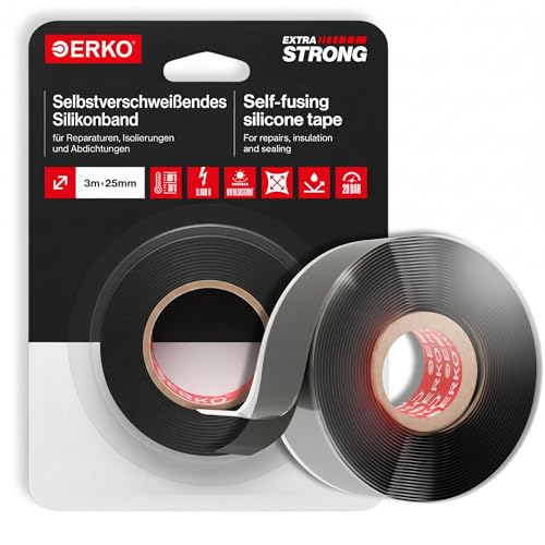 ERKO Selbstverschweißendes Silikonband Schwarz Wasserdicht 3m lang 25 mm breit Ideal für Schlauchreparatur Kabelreparatur Reparaturband Klebeband