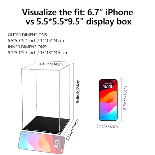 Evron Display Case for Collectibles Assemble Clear Acrylic Box Alternative Glass Case for Display Action Figures Home Storage & Organizing Toys (5.5x5.5x9.5 inch; 14x14x24 cm)