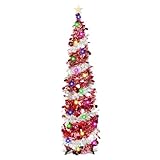 5FT/1.5M Pop Up Christmas Tree with Lights, Collapsible Christmas Tree with Stand and Star, Red Silver Artificial Xmas Tree for Home Office Decoration - Image 6