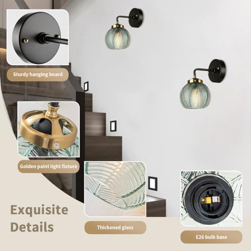 Image of Black Gold Bathroom Light Fixture Green 1-Light Bathroom Vanity Lamp | Mid Century Vanity Light Art Deco Light with 15cm /5.9″‌ Globe Glass Ribbed Lamp Shade for Over Mirror Bedroom Hallway 2 Pack