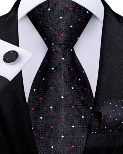 Image of DiBanGu Silk Zipper Ties for Men,Paisley Solid Plaid Pre-tied Tie and Pocket Square Cufflinks Set Formal Adjustable Necktie